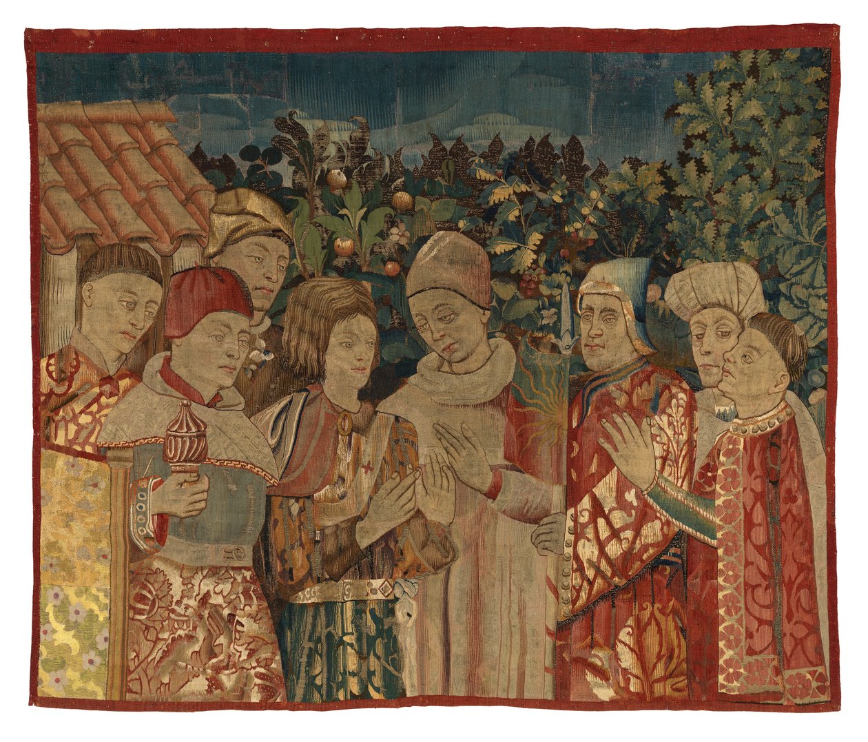 Ongeïdentificeerd tapijtfragment met acht figuren, mogelijk een Dispuut, 2e helft van de 15e eeuw (wol) door Franco Flemish School
