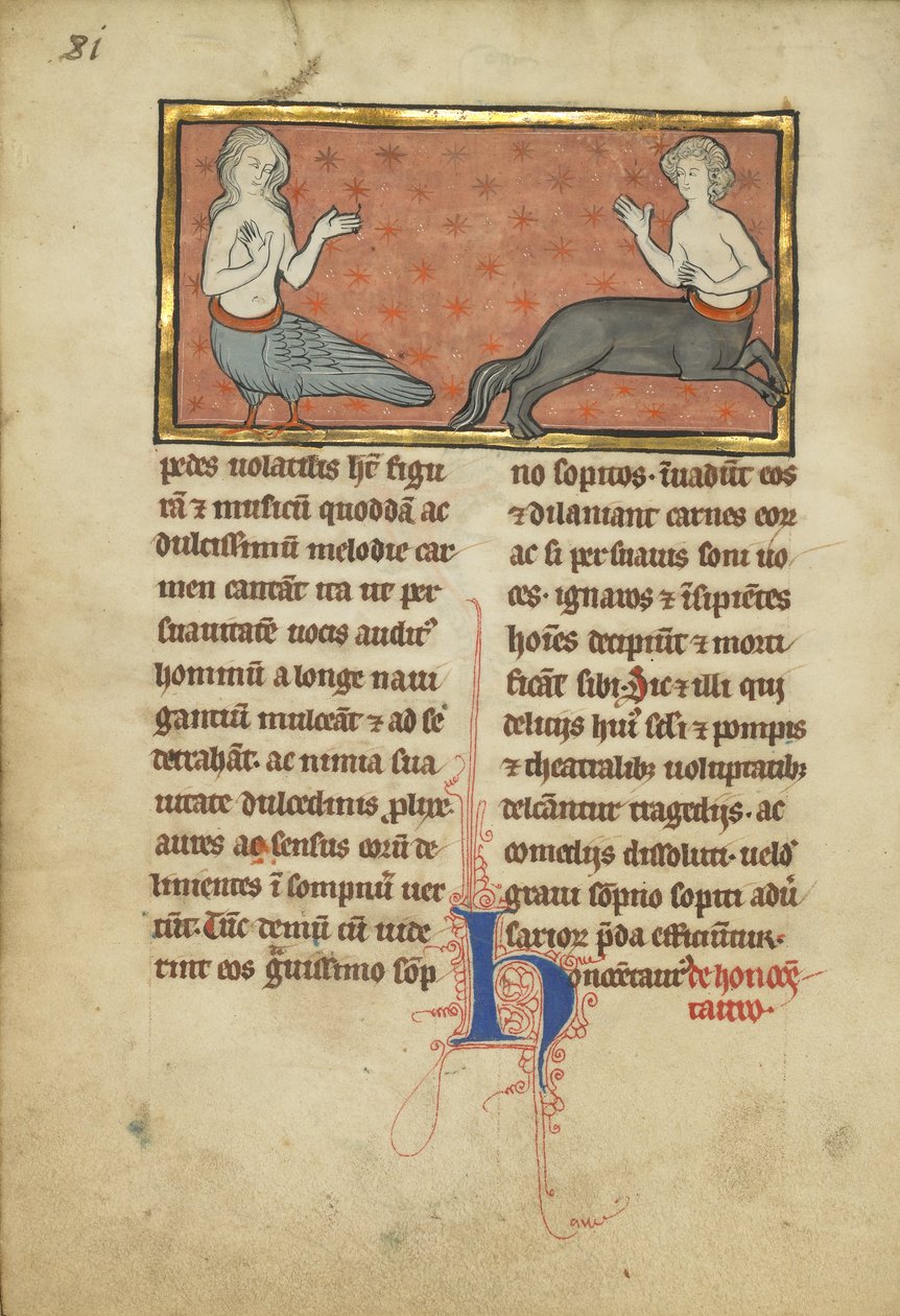 Een sirene en een centaur uit een bestiarium Ms Ludwig XV 4, fol. 81v, c.1280-1300 door Franco Flemish School