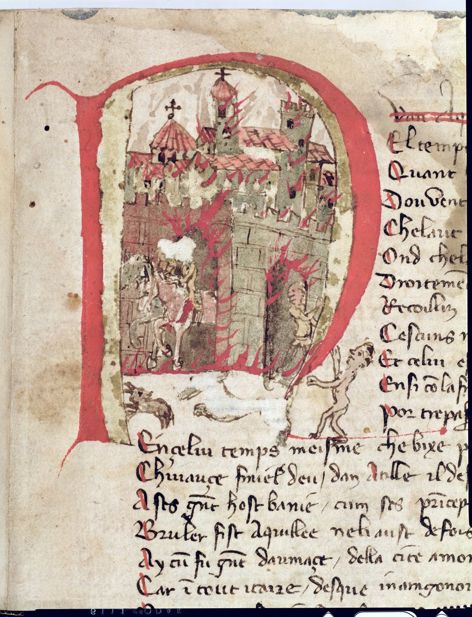 Ms Est 27 W 8.17 f.1r Geïllustreerde initiaal met afbeelding van Attila de Hun (ca.406-453) die de stad Aquila in brand steekt, uit De Oorlog van Attila door Nicola da Casola door Franco Italian School