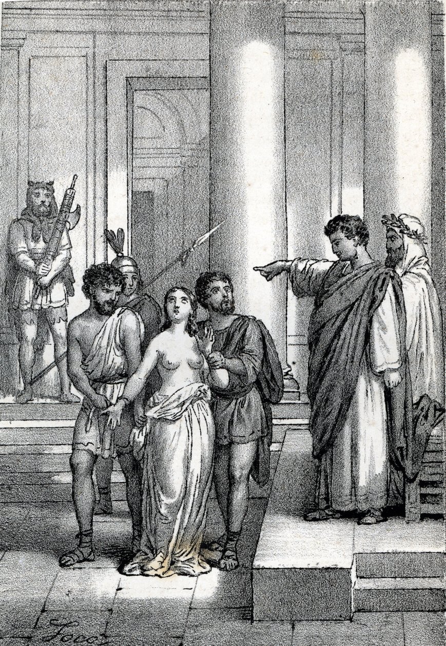 Agnes van Rome naakt door de straten naar een bordeel gebracht, tekening uit 