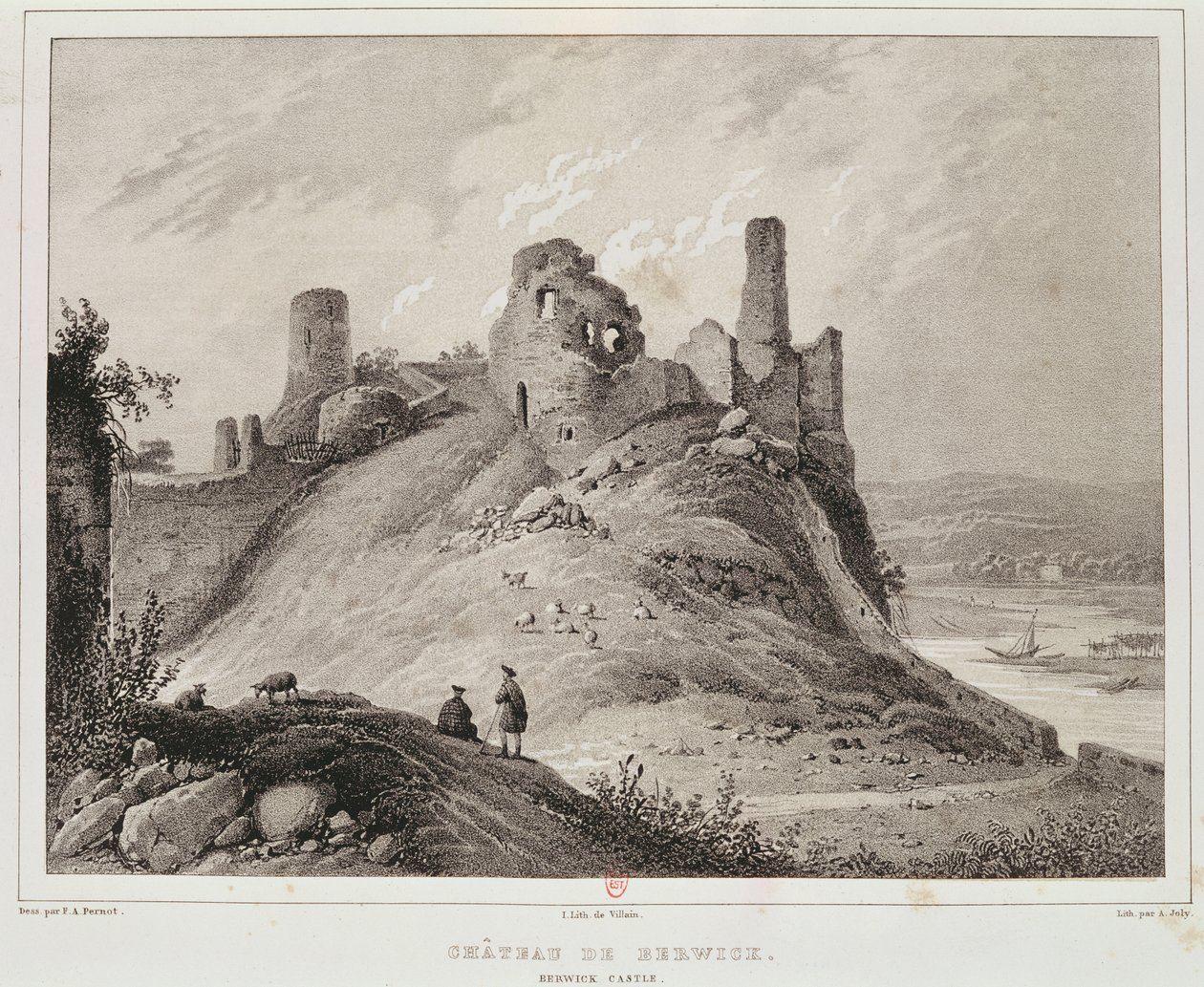 Uitzicht op Berwick Castle, Berwick-upon-Tweed, gegraveerd door Villain door Francois Alexandre Pernot