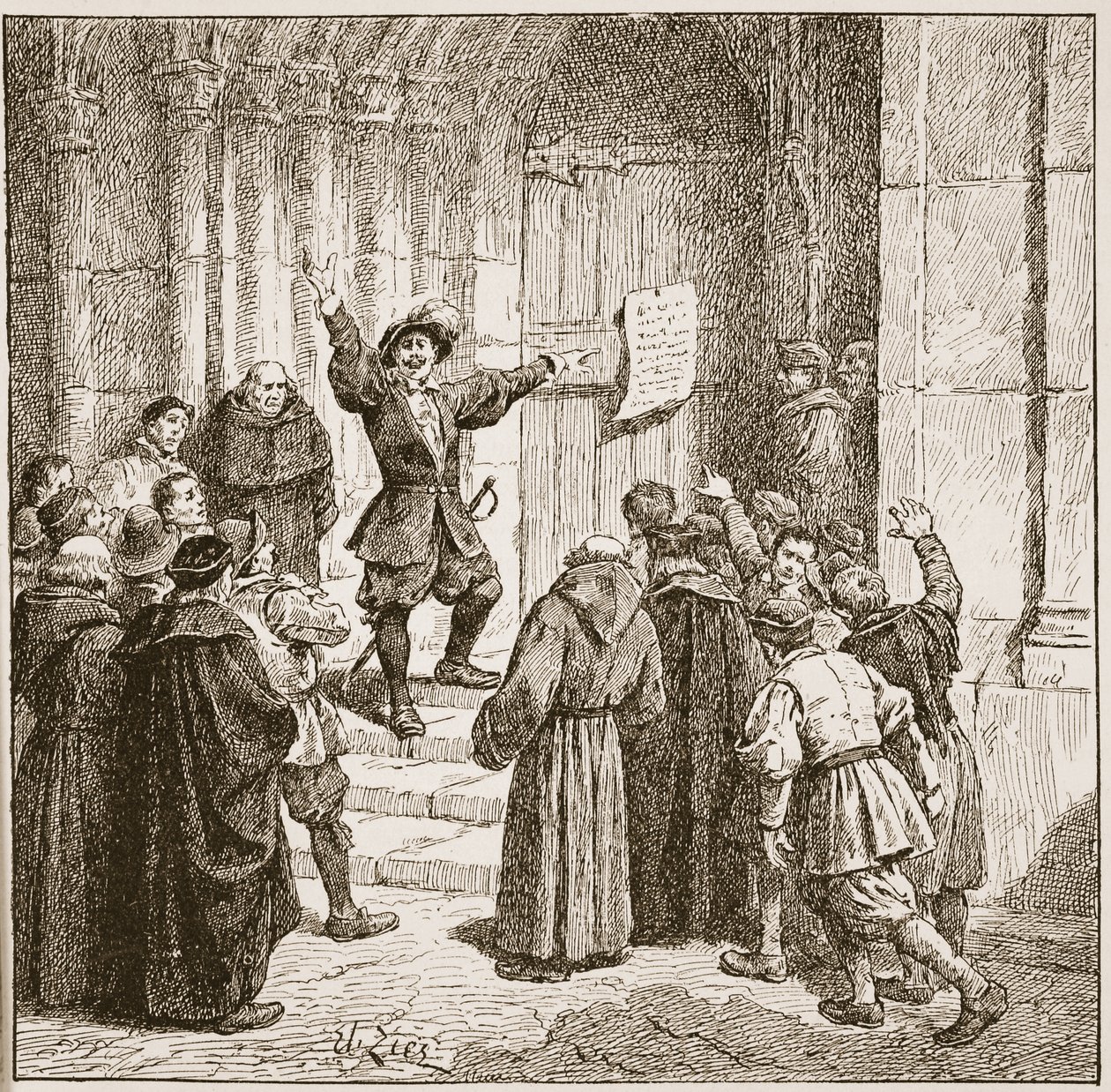 Aske bevestigt zijn proclamatie aan de deur van de Kathedraal van York, illustratie uit 