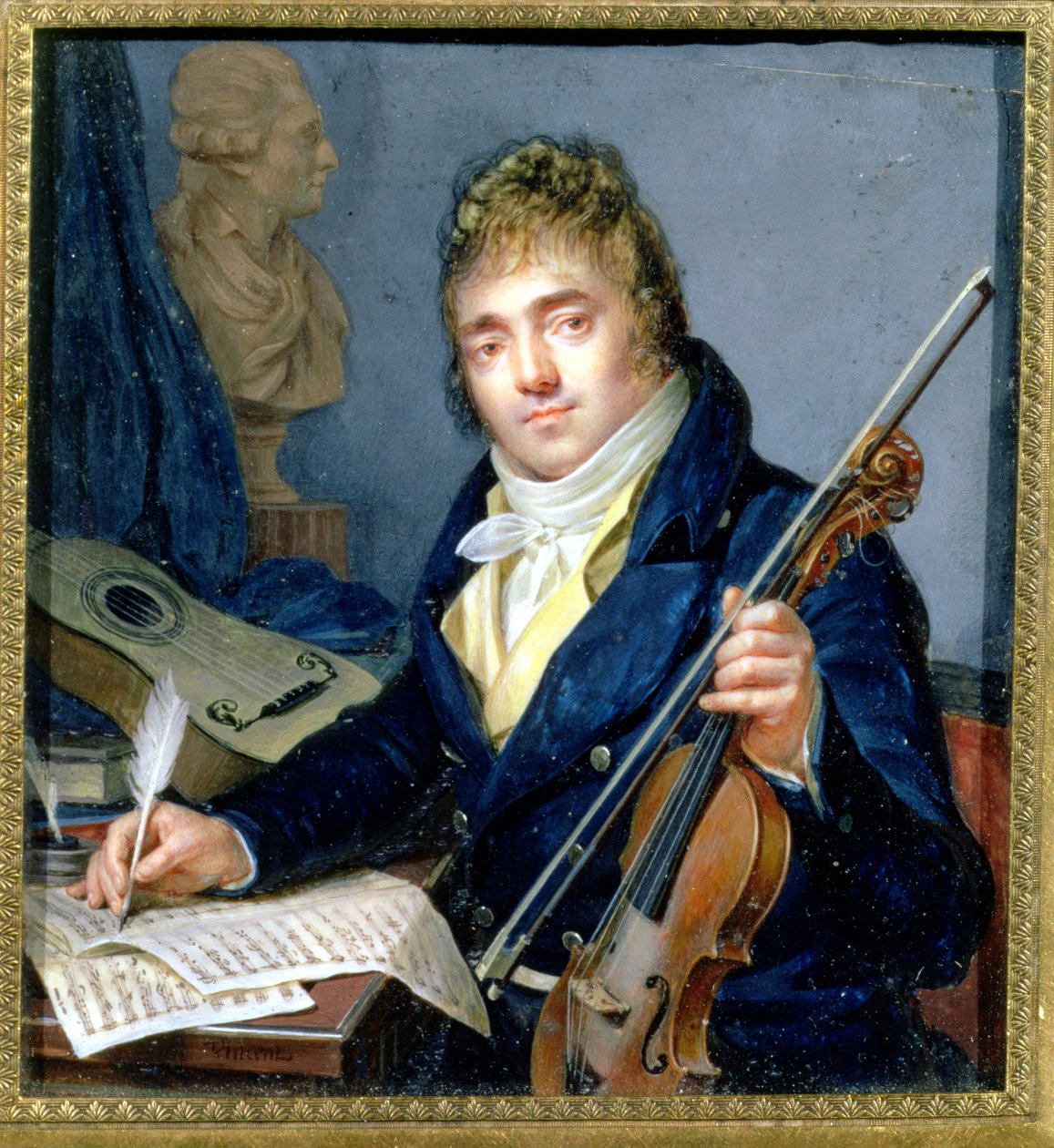 Portret van een Componist, met zijn Viool en Partituur door Francois Elie Vincent