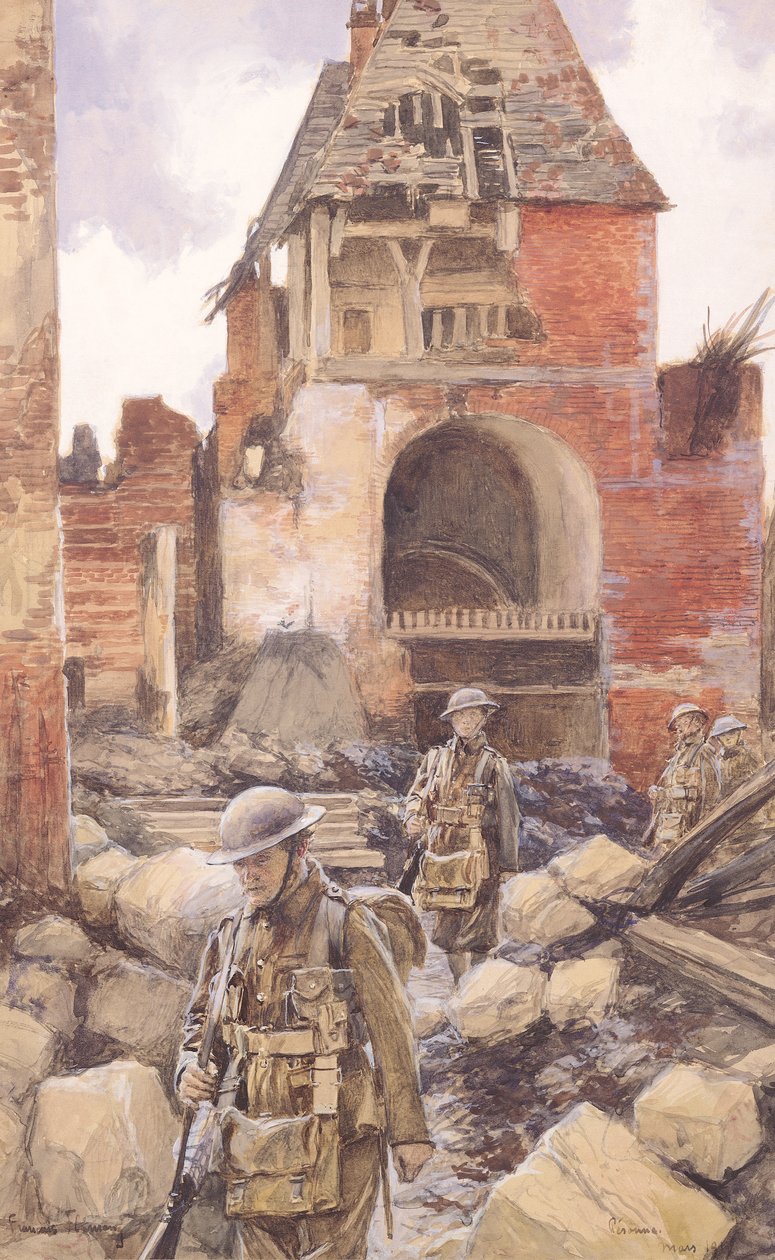 Britse soldaten in de ruïnes van Peronne, 1917 door Francois Flameng