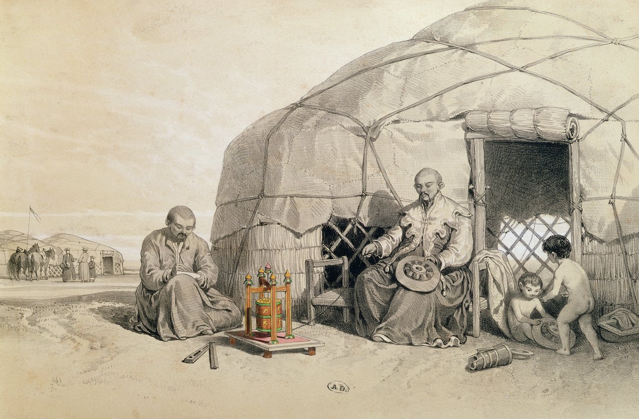 Kalmuks met een Gebedswiel, Siberië, illustratie uit 