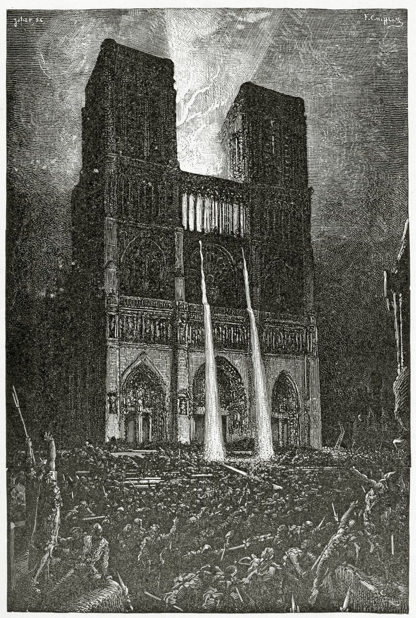 Quasimodo giet kokende olie op het leger van schurken die proberen Esmeralda te redden - illustratie uit Notre Dame de Paris, 19e eeuw door Francois Nicolas Chifflart