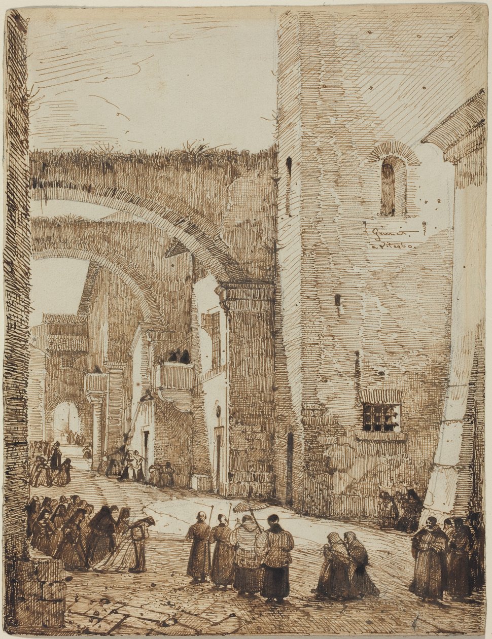 Een priester in processie door een middeleeuwse straat in Viterbo door Francois-Marius Granet
