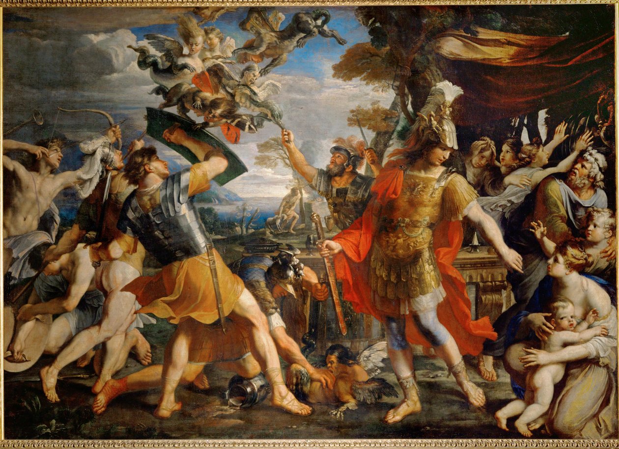 Aeneas en zijn metgezellen vechten tegen de Harpijen ... door Francois (1590 1650) (after) Perrier