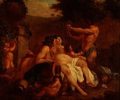 Bacchus feestvierend bij een stenen urn in een dal door Francois (circle of) Boucher