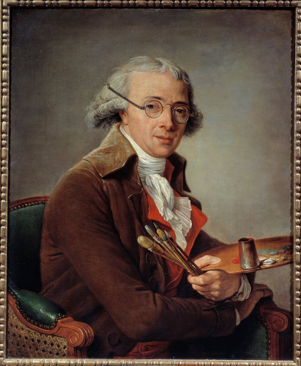 Portret van de schilder Francois Andre Vincent (1746-1816). De kunstenaar houdt zijn palet vast en draagt een bril door François André Vincent