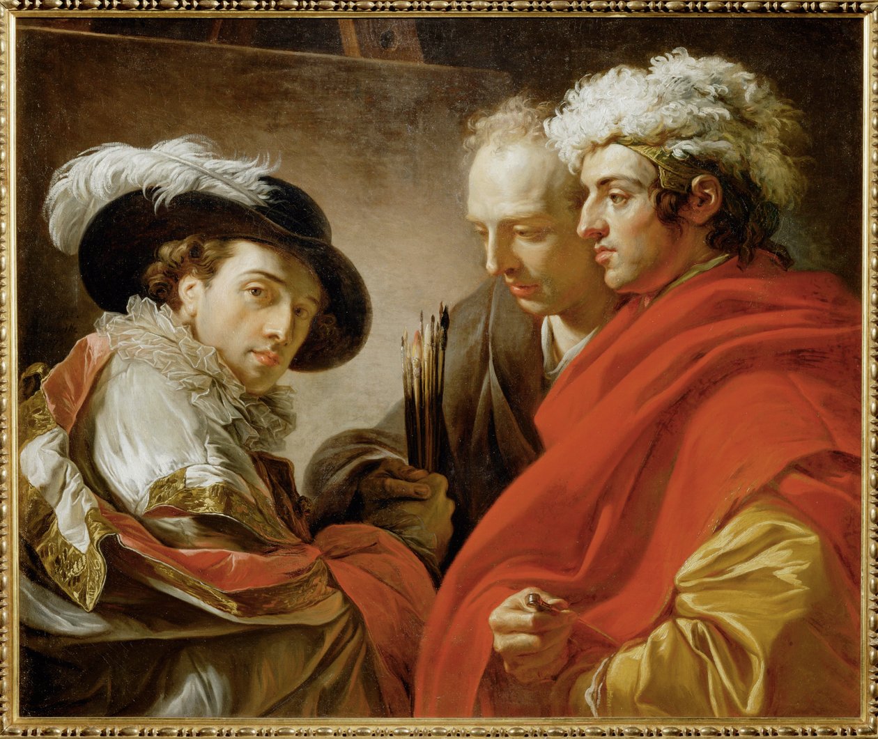 Portret van drie mannen: De schilder met hoed en veer, de architect Pierre Rousseau en een anonieme vriend ... door François André Vincent