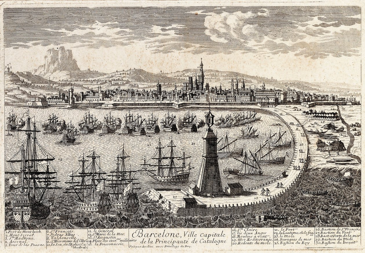 Uitzicht op de stad en de haven van Barcelona in de 18e eeuw. Gravure door Francois Antoine Aveline Barcelona, Museu d