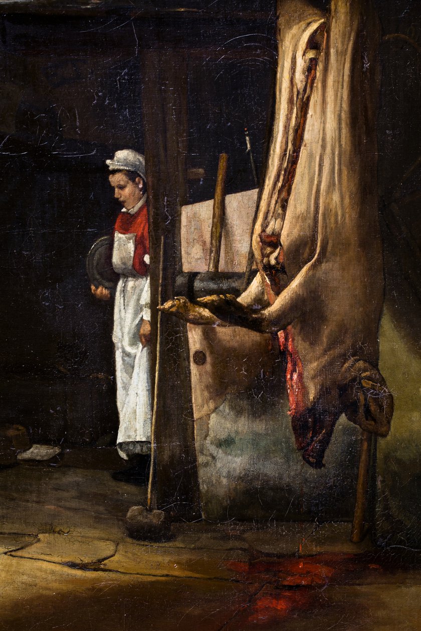 Het varken of het interieur van een werf met een gevild varken door François Bonvin