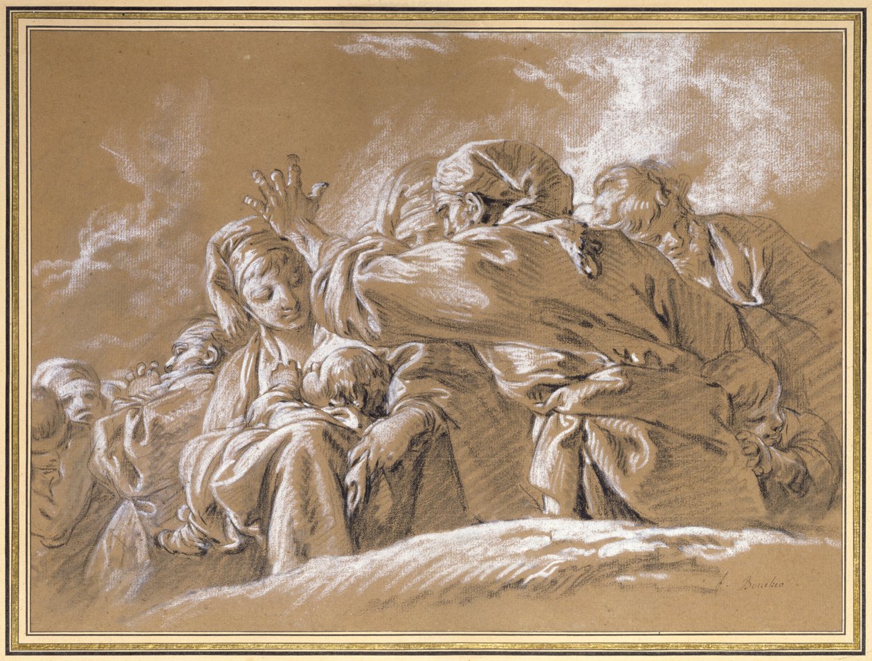 Een Moeder en Kind en andere Figuren van Onderaf gezien (krijt) door François Boucher