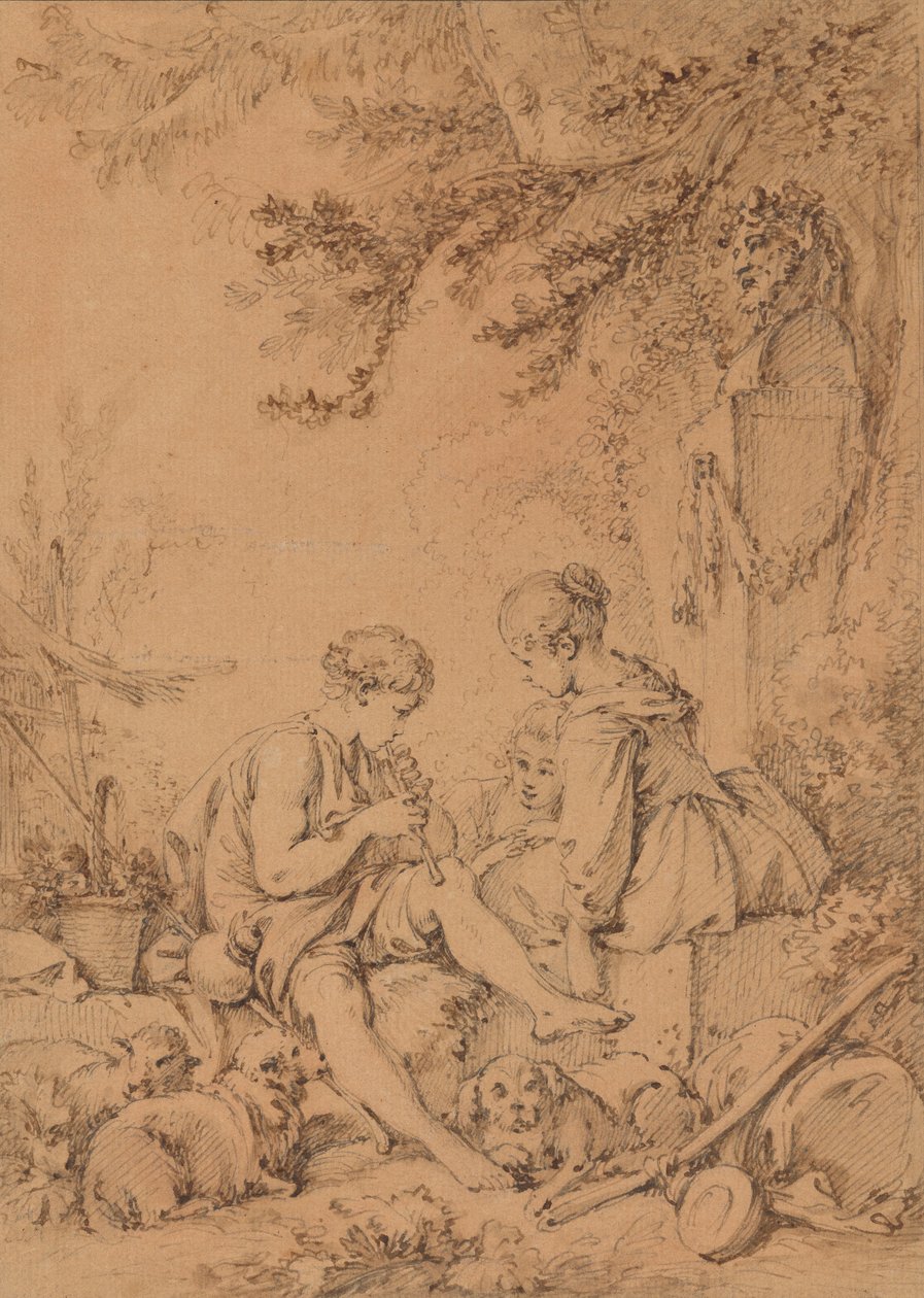 Een jonge herder die op een fluit speelt voor twee jonge herderinnetjes door François Boucher