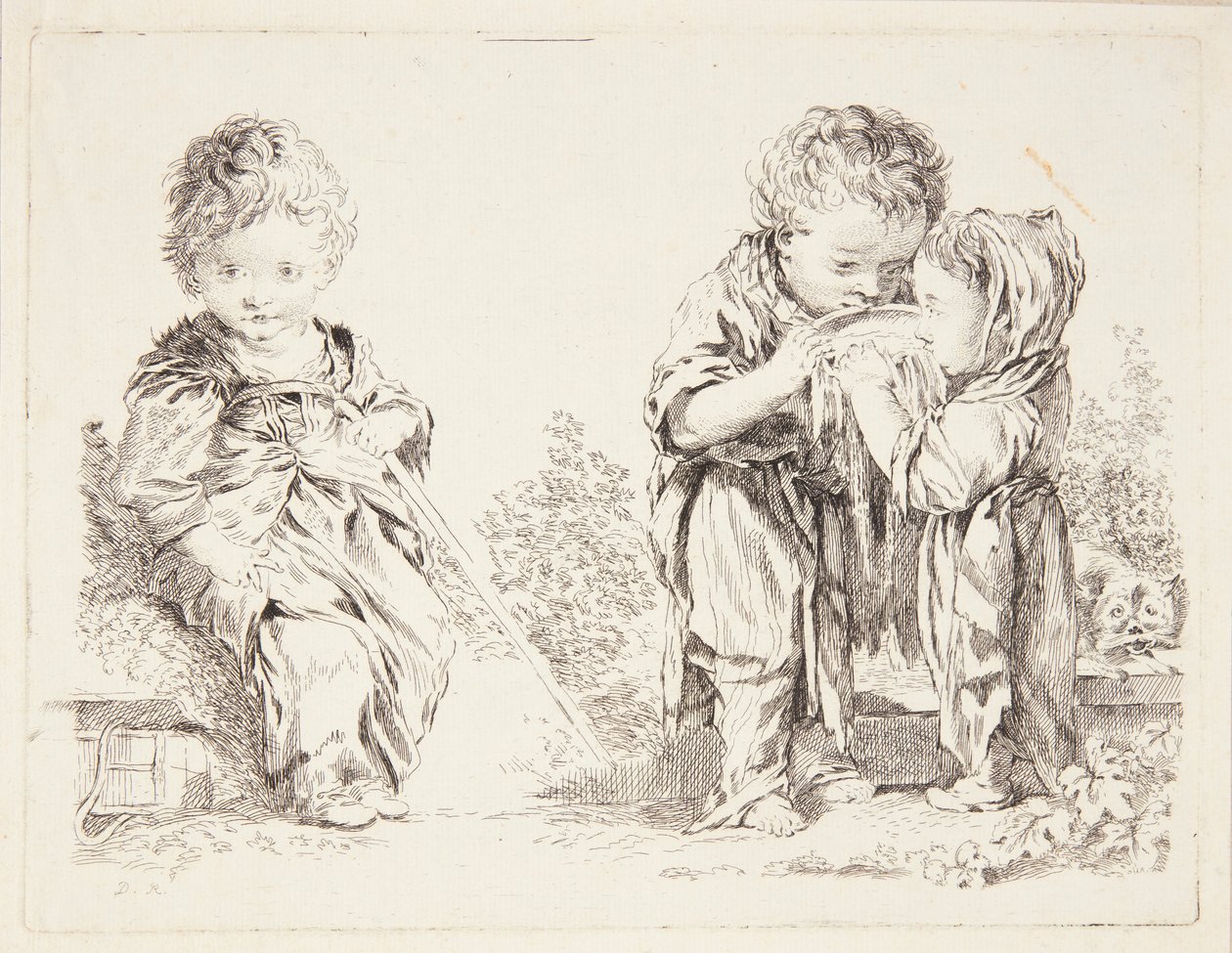 Kind zittend op een kluit aarde en De kleine melkdrinkers door François Boucher