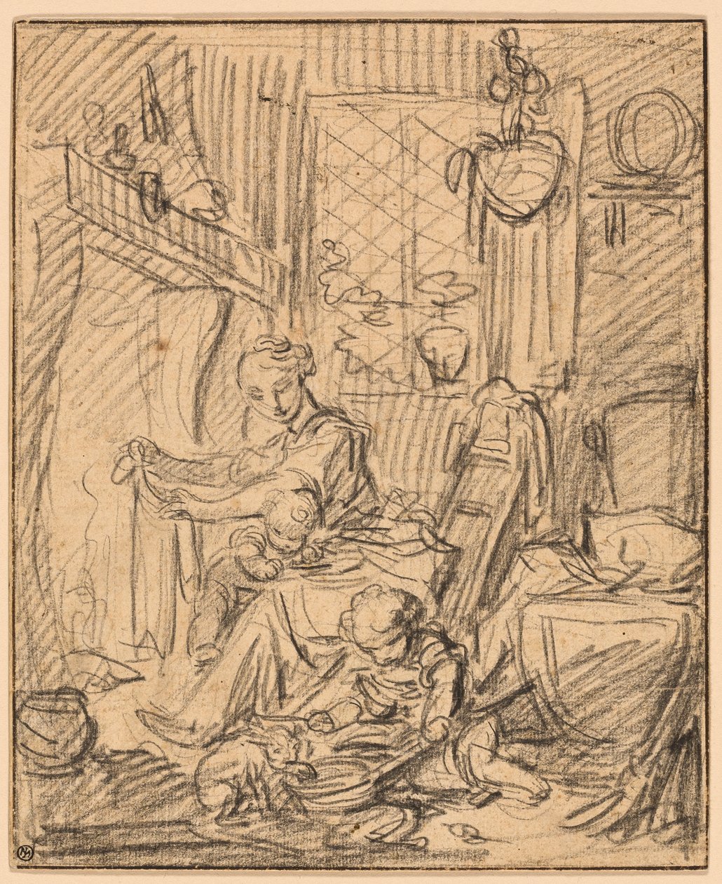 Huiselijke Scene: Moeder met Twee Kleine Kinderen voor een Schouw door François Boucher
