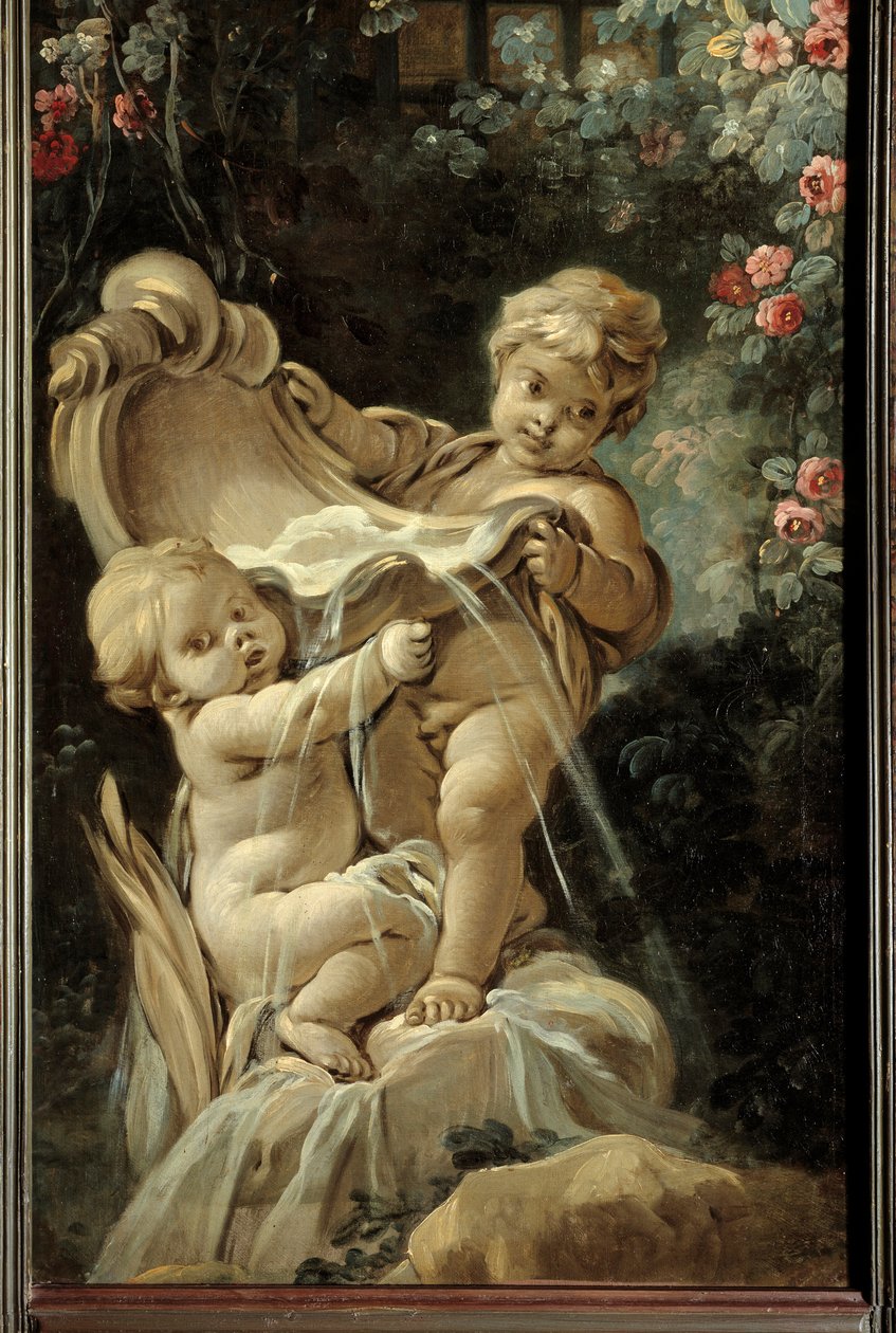 Deurpaneel van de woonkamer Demarteau: fontein met twee liefdes, waarvan één knielt door François Boucher