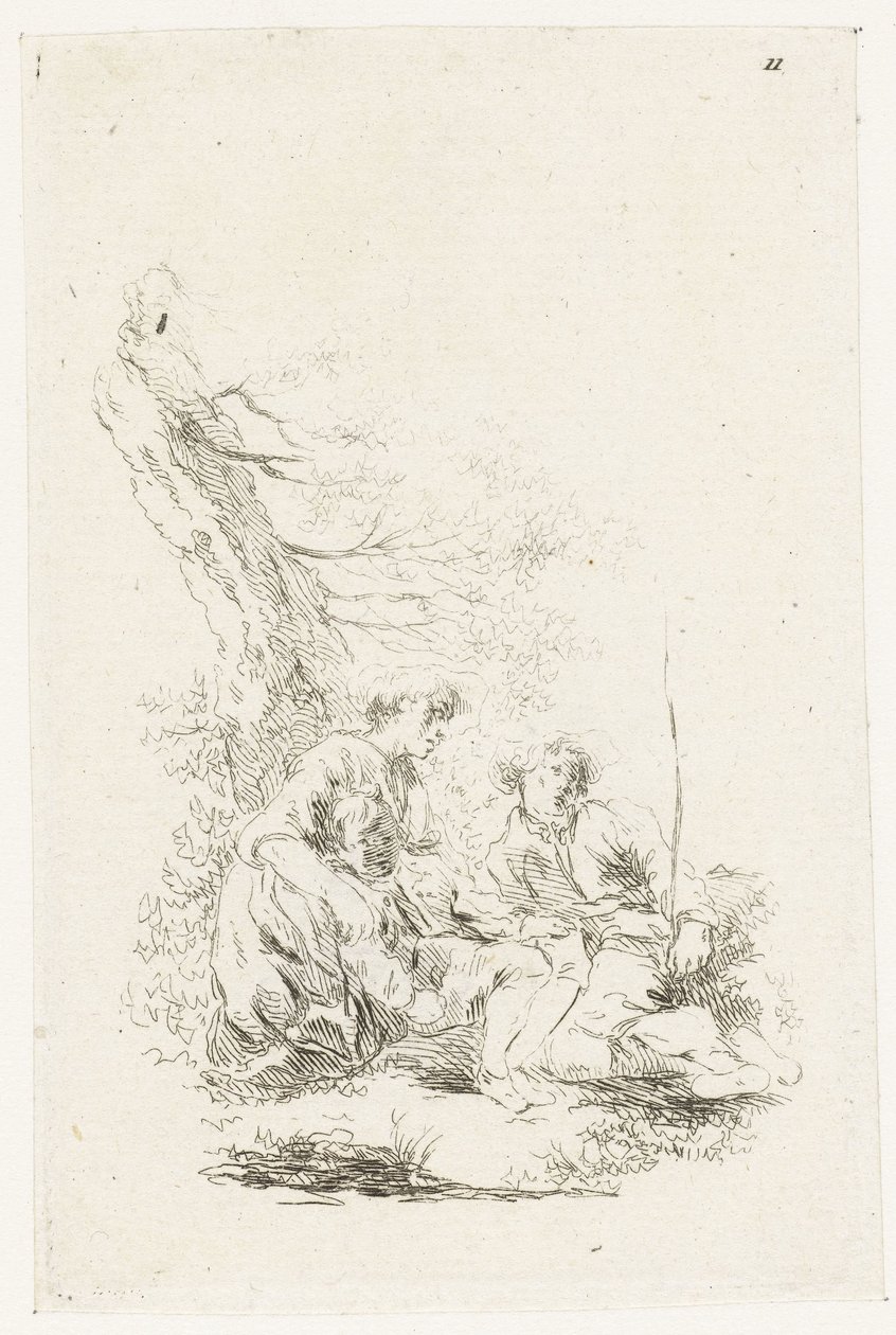 Drie personen zittend bij een boom door François Boucher