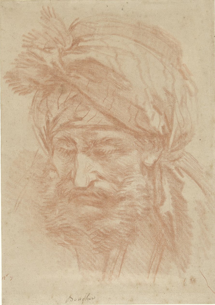 Kop van een gebaarde oosterling met tulband, van voren, naar beneden ziend door François Boucher
