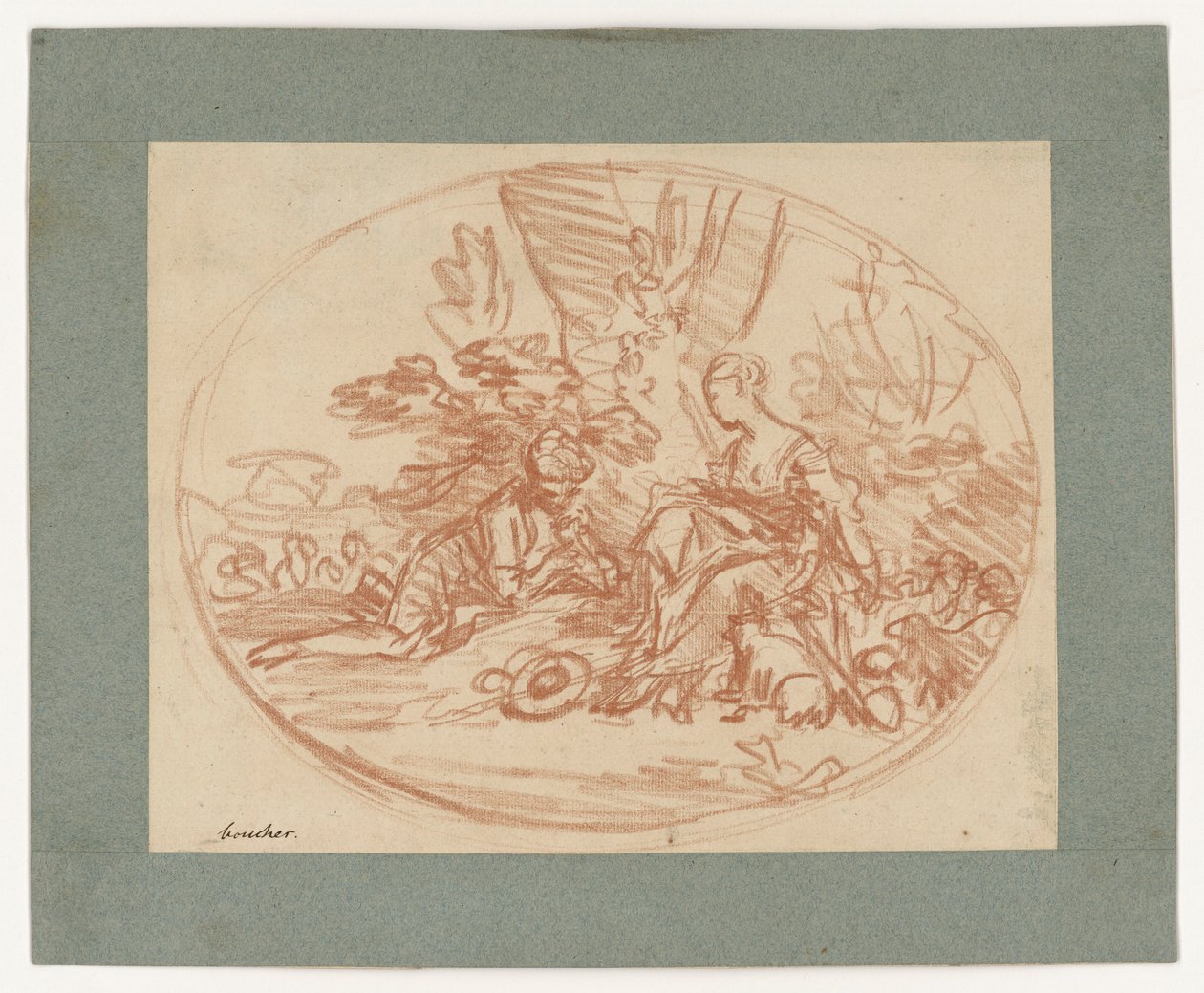 Liggend paar onder bomen (tegendruk) door François Boucher