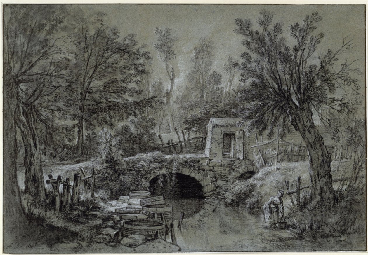 Landschap met beek en brug door François Boucher