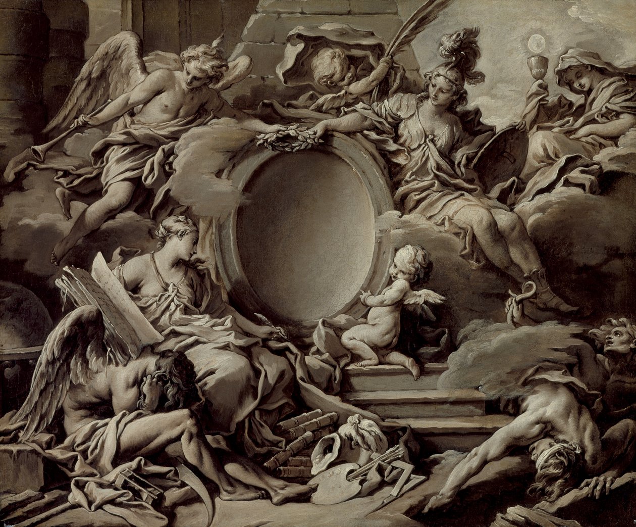 Ontwerp voor een cartouche: een allegorie van Minerva, Roem, Geschiedenis en Geloof die Onwetendheid en de Tijd overwinnen door François Boucher