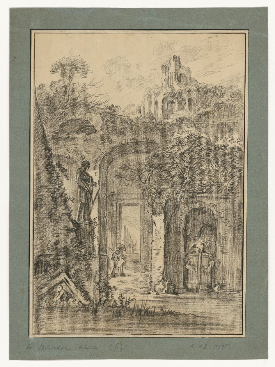 Landschap met Romeinse ruïnes en enkele figuren door François Boucher