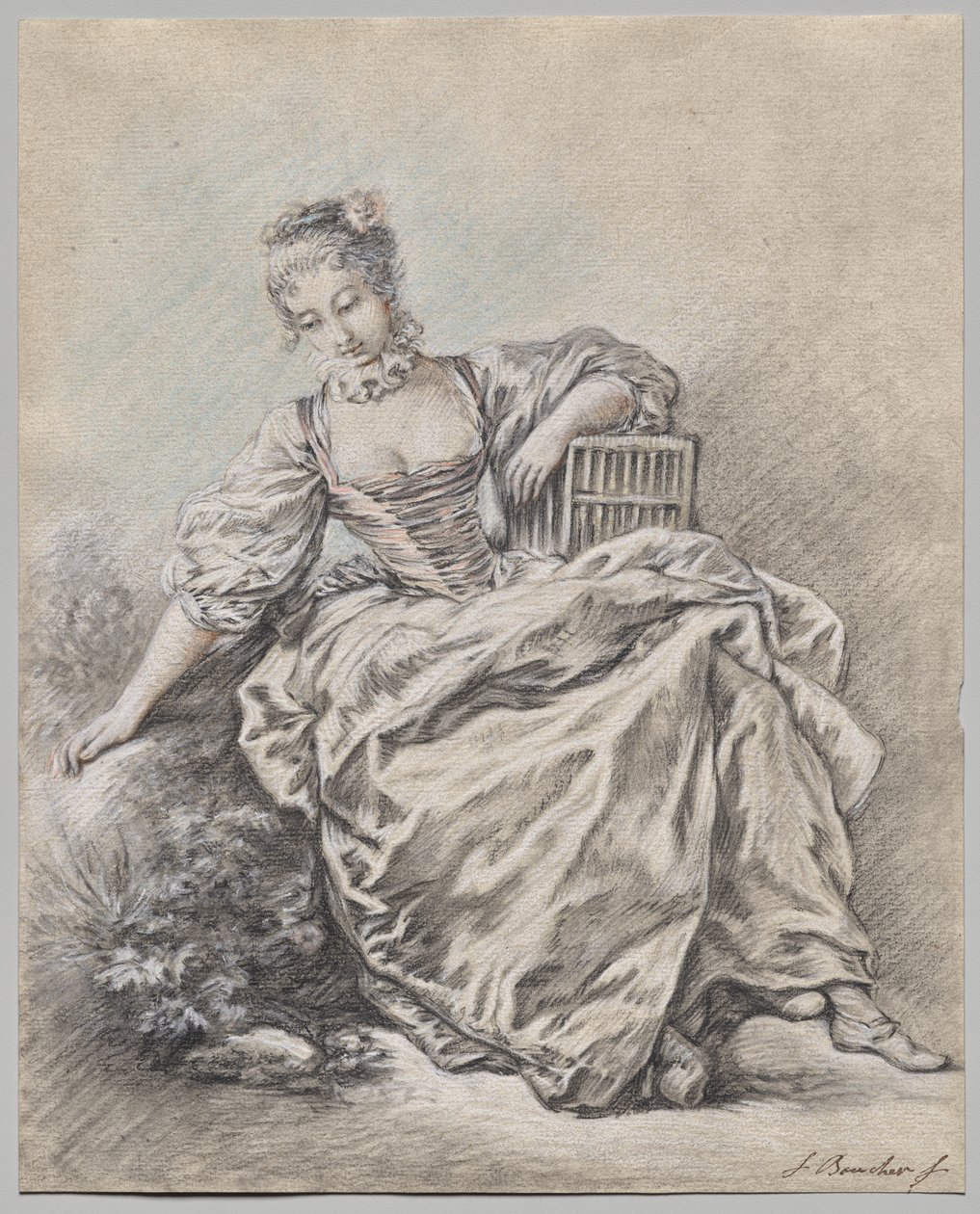Zittende vrouw met een vogelkooi in haar handen door François Boucher