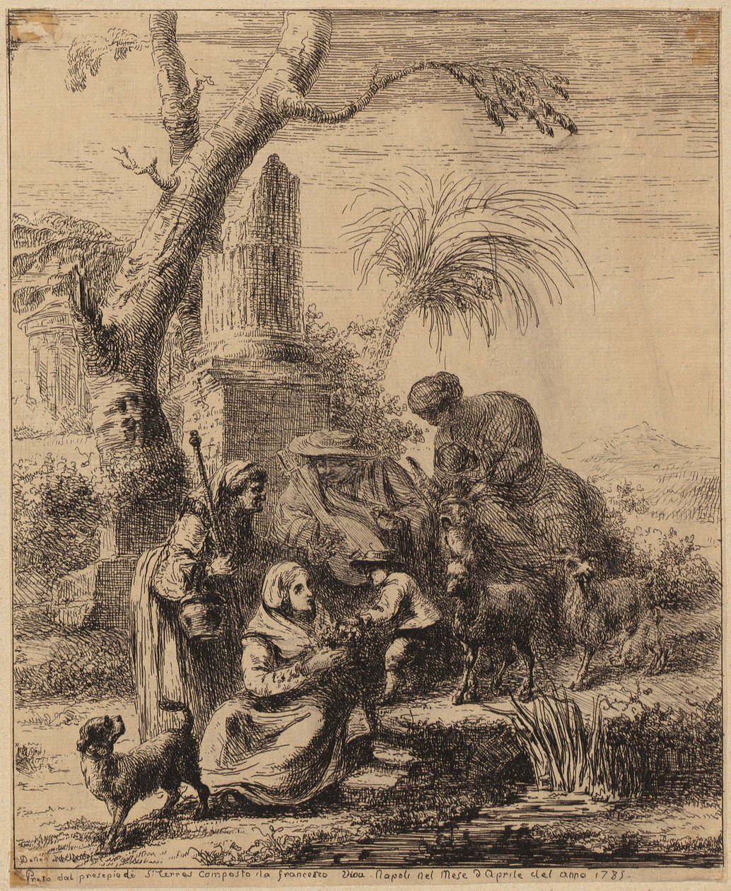 Zittende vrouw [Femme de Matsmey] naast een palmboom, prent uit de serie "Diverses figures chinoises [...]" door François Boucher