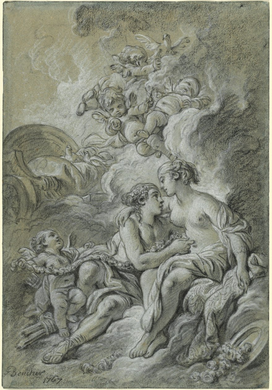 Venus leunde tegen haar geliefde Adonis aan ... door François Boucher