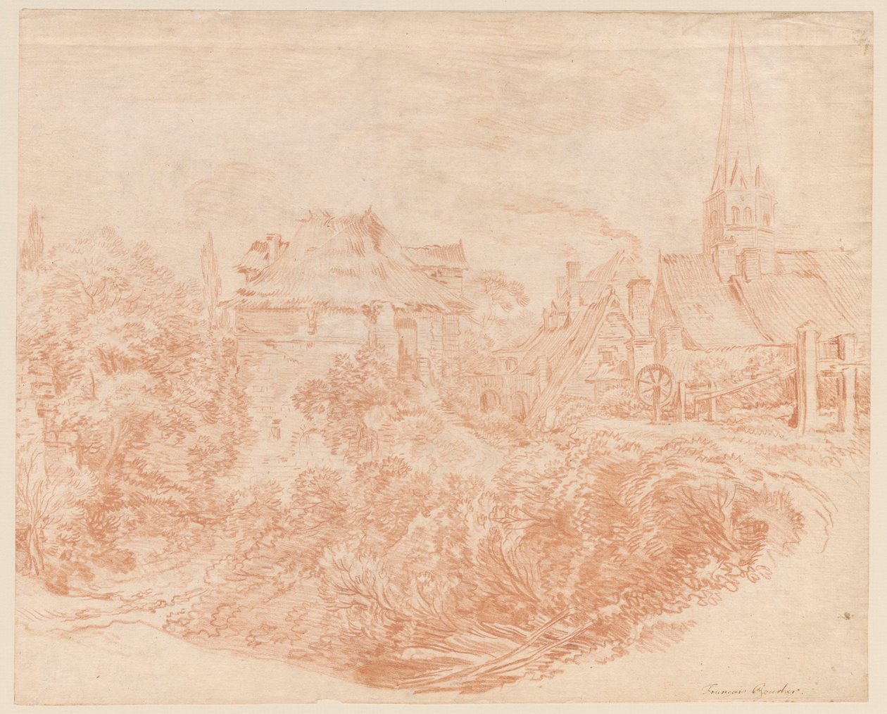 Uitzicht op de boerderijen en de kerktoren door François Boucher