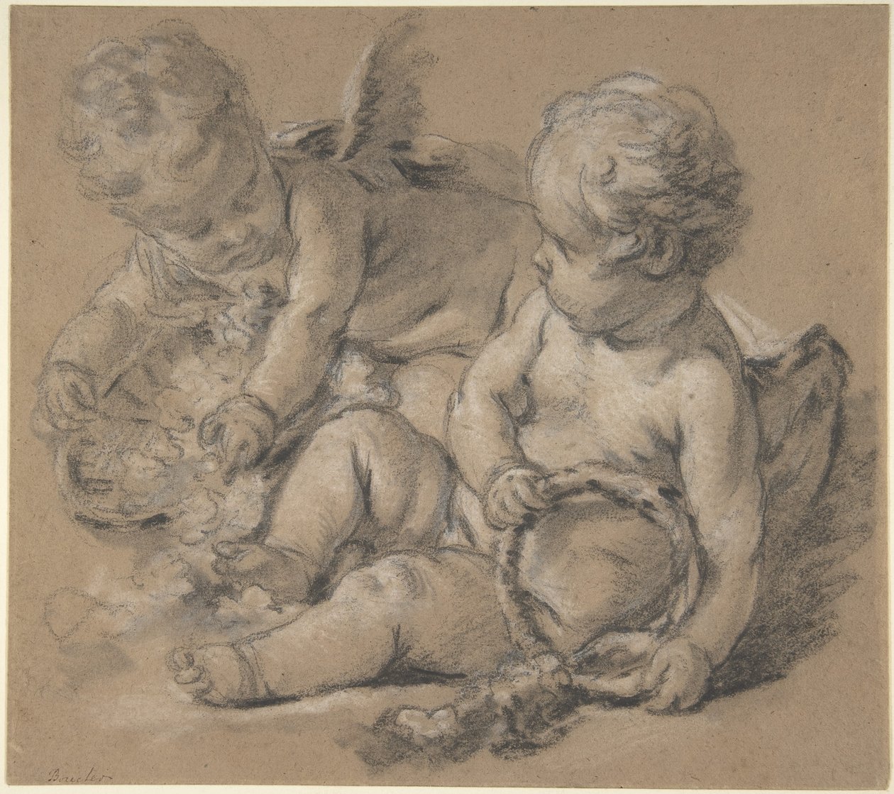 Gevleugelde putti met bloemen door François Boucher