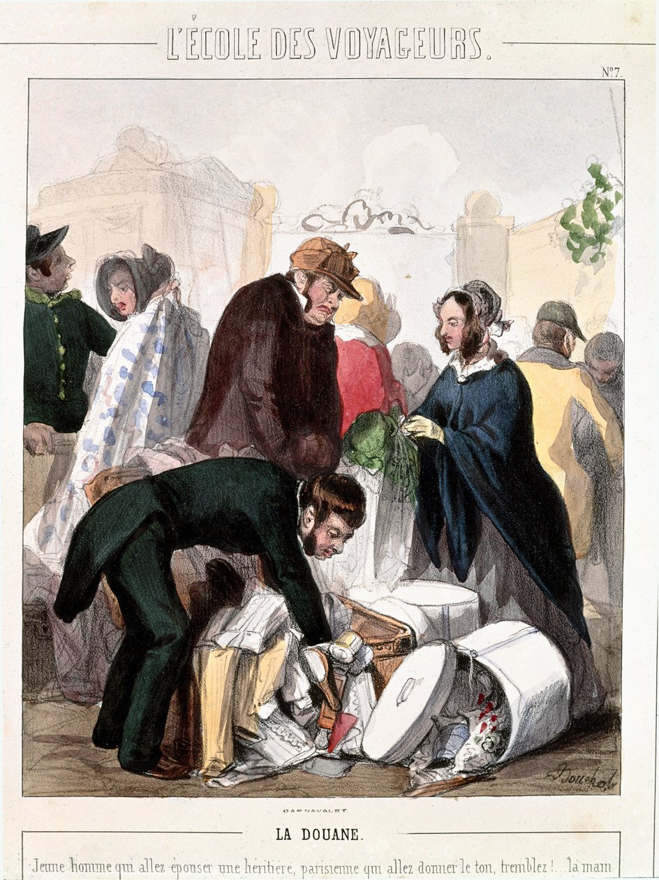 Douane. Douanecontrole van de bruidsschat van een erfgename die ging trouwen met een jonge man. Kleuren gravure door Francois Bouchot (1800-1842), circa 1830. Parijs, Musee Carnavalet door Francois Bouchot