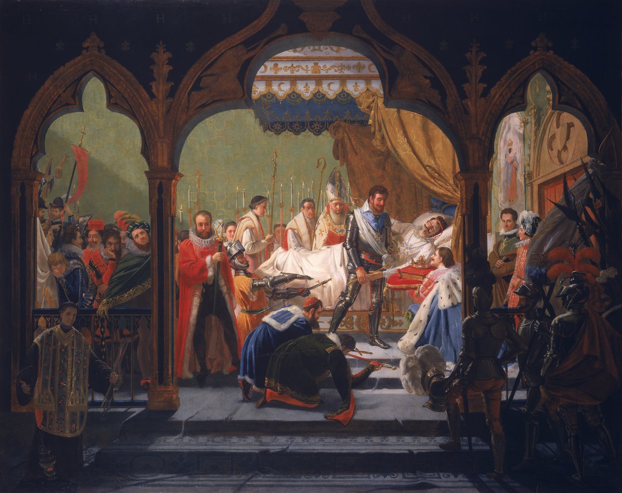 Hendrik IV (1553-1610) ontvangt de attributen van de monarchie van de stervende Hendrik III (1551-1589) 1814 door Francois Buffet