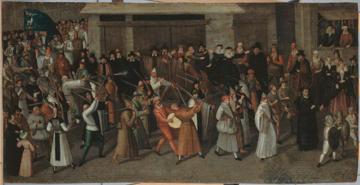 Processie van de Liga op het Île de la Cité, bij het verlaten van de Notre-Dame, ca. 1590 door Francois Bunel