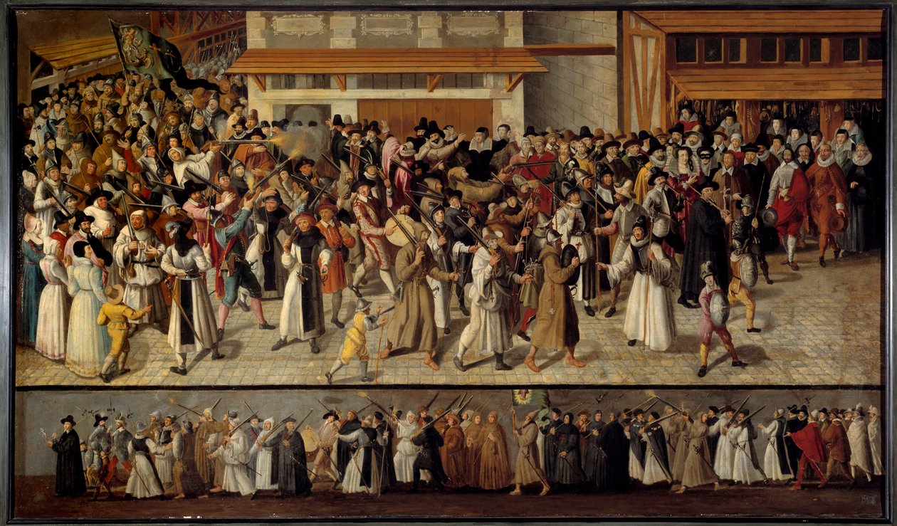 Religieuze oorlogen tussen katholieken en protestanten: Processie van de Liga om Notre Dame op het eiland La Cite te verlaten in 1593 door Francois Bunel