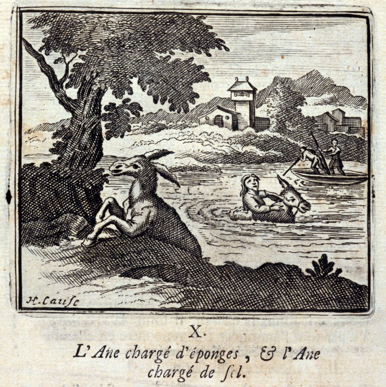 Ezel beladen met sponzen, en ezel beladen met zout. Fabels van Jean de La Fontaine. Illustratie door François Chauveau. Editie van 1728. door Francois Chauveau