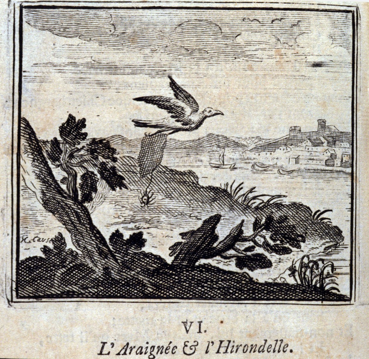 De spin en de zwaluw. Fabels door Jean de La Fontaine (1621-95). Illustratie door François Chauveau (1613-1676). Editie van 1728. door Francois Chauveau