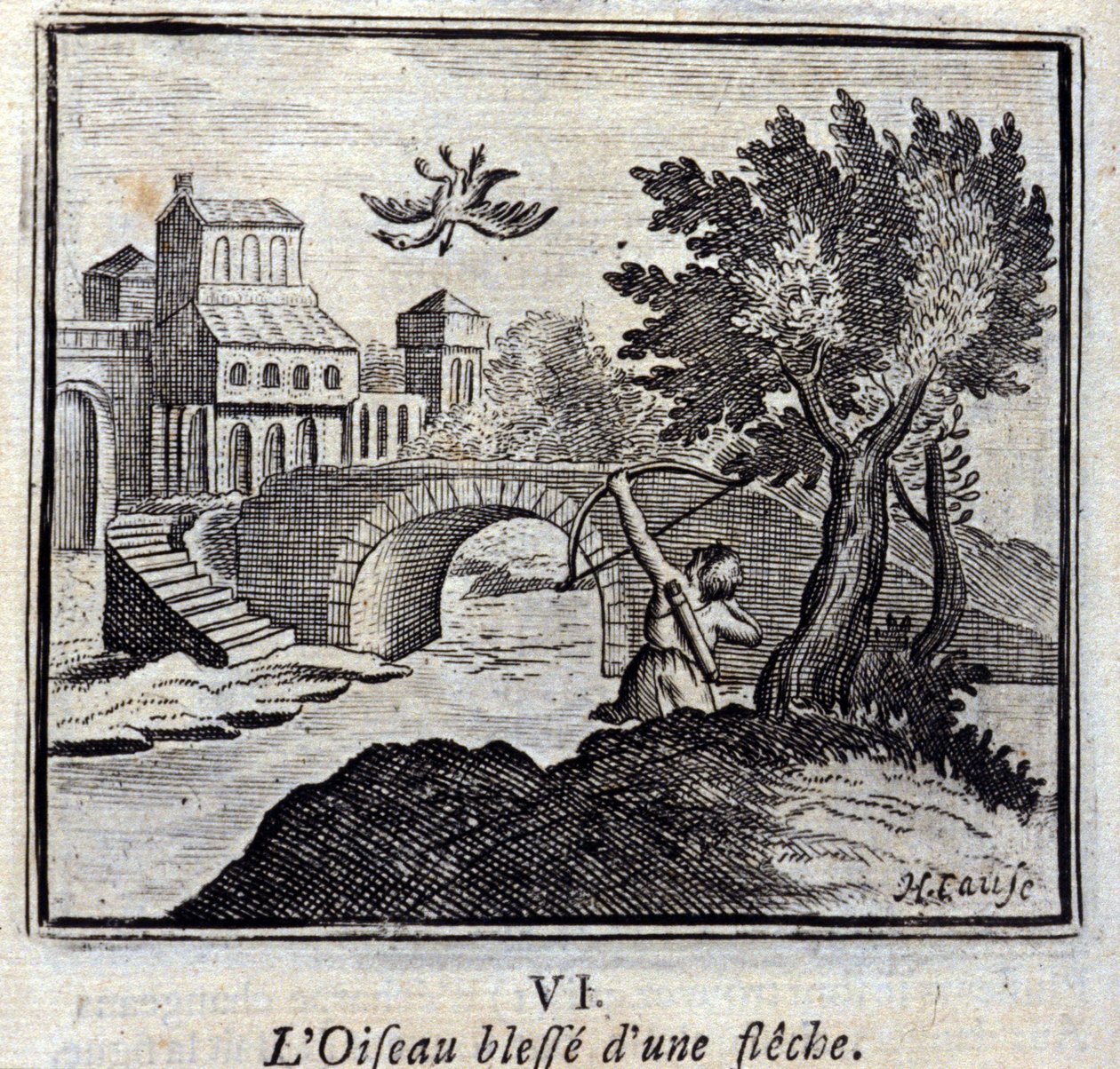 De vogel gewond door een pijl. Fabels van Jean de La Fontaine. Illustratie door François Chauveau. Editie van 1728. door Francois Chauveau