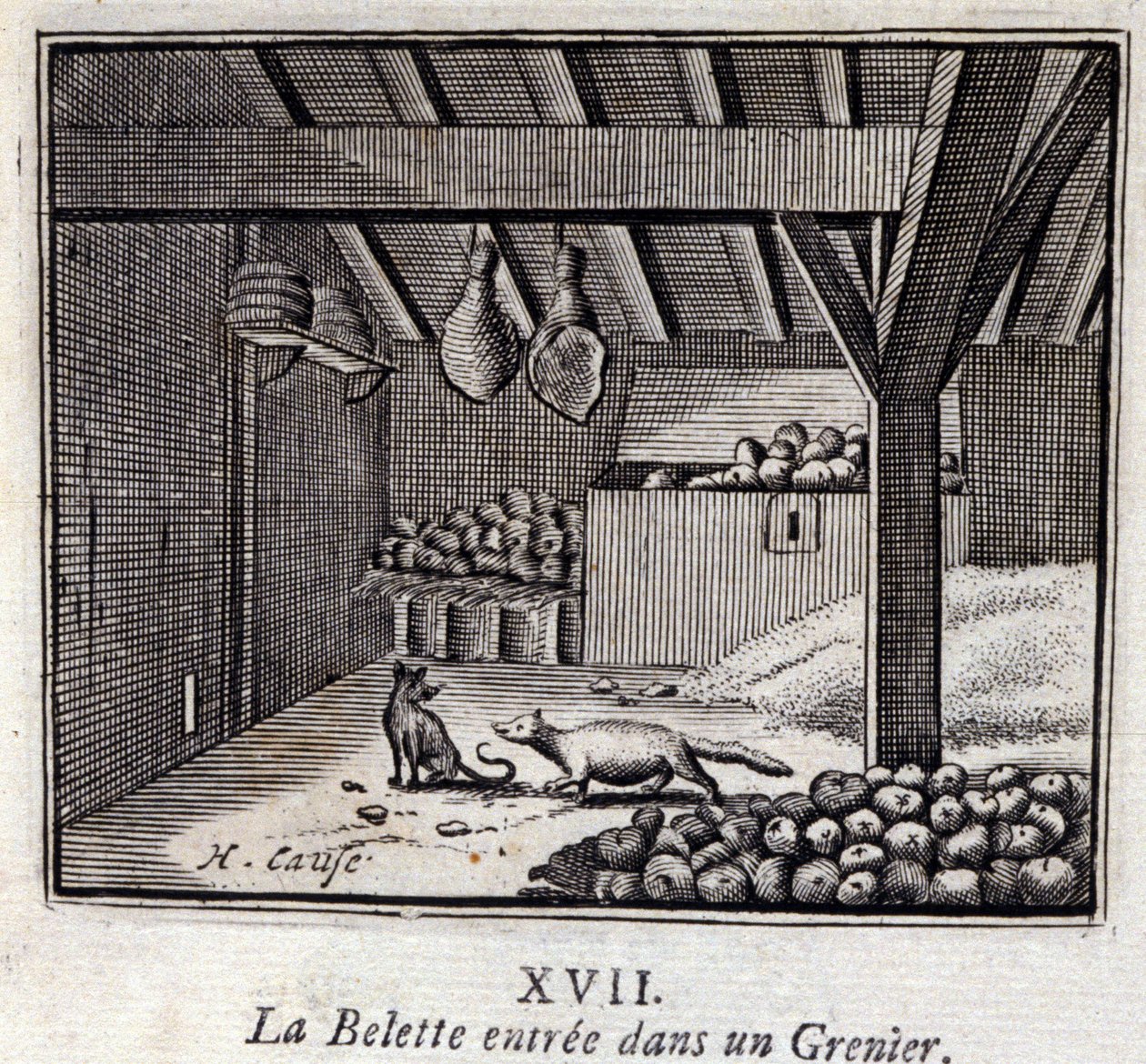 De wezel in de graanschuur. Fabels van Jean de La Fontaine. Illustratie door François Chauveau. Editie van 1728. door Francois Chauveau