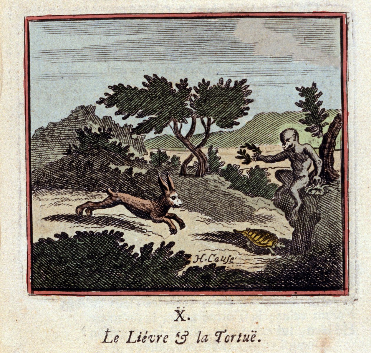 De haas en de schildpad - Fabels van Jean de La Fontaine (illustratie door Francois Chauveau, editie van 1728) door Francois Chauveau