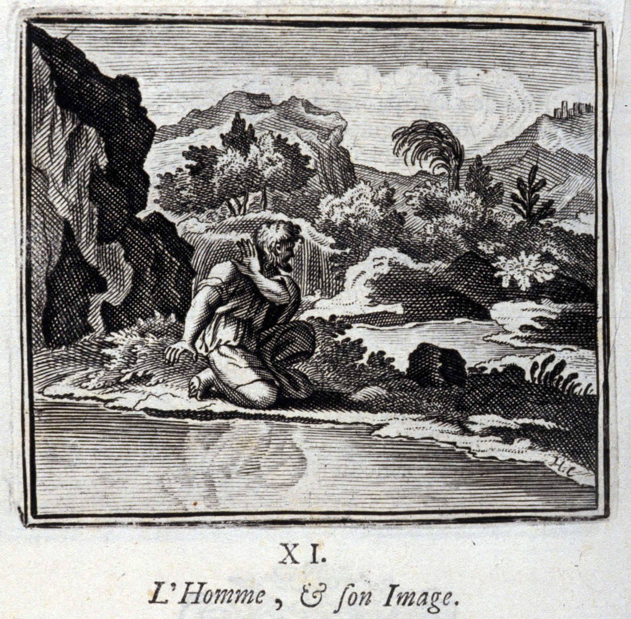 De Man en zijn beeld. Fabels van Jean de La Fontaine. Illustratie door François Chauveau. Editie van 1728. door Francois Chauveau