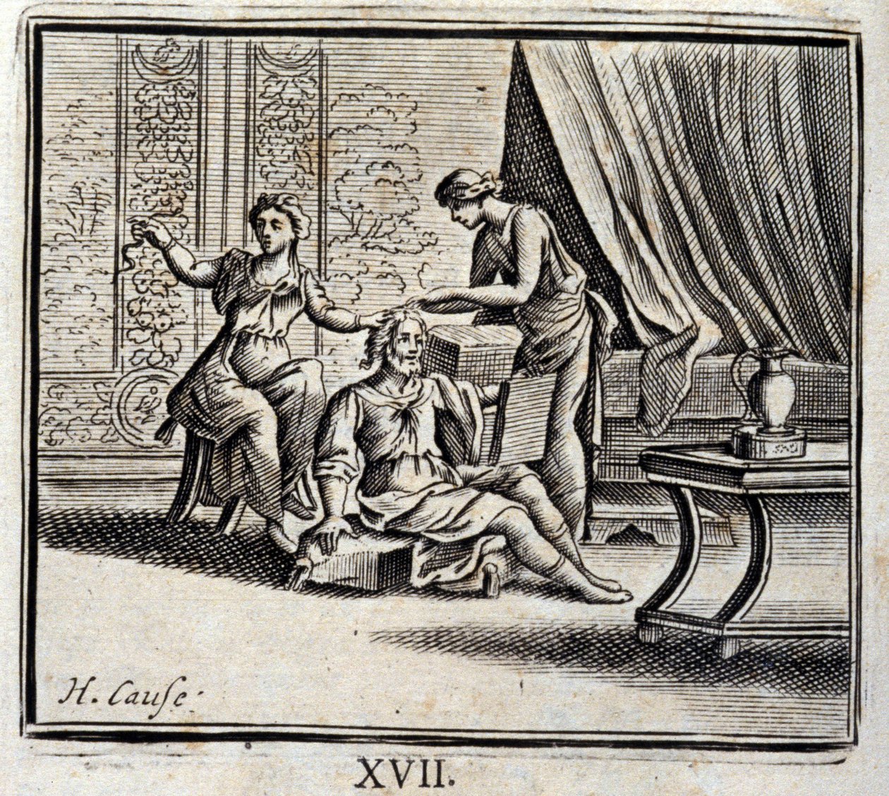 Man tussen twee leeftijden en zijn twee Meesteressen. Fabels van Jean de La Fontaine. Illustratie door François Chauveau. Editie van 1728. door Francois Chauveau