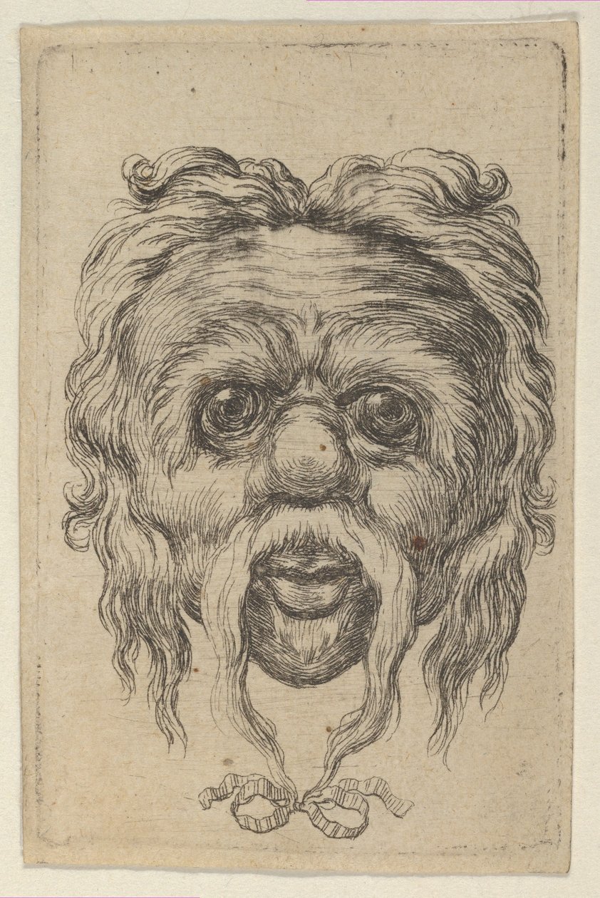 Masker met een lange snor vastgebonden met een lint onder de kin, uit Divers Masques, ca. 1635-45 door Francois Chauveau