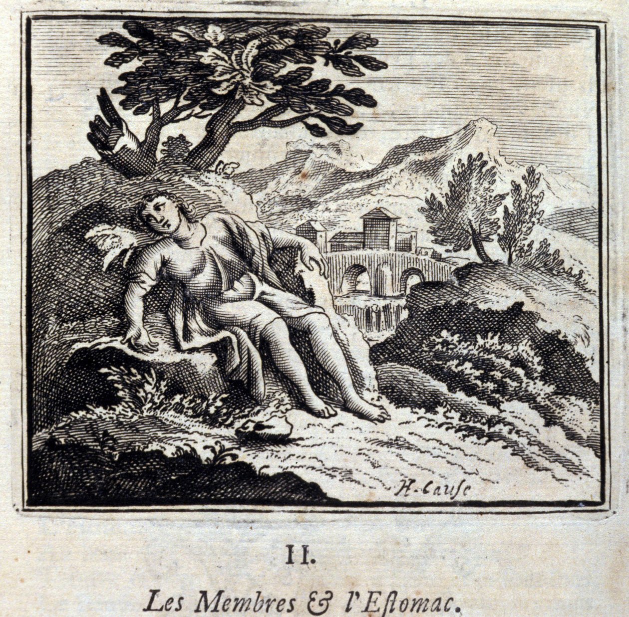Leden en maag. Fabels door Jean de La Fontaine (1621-95). Illustratie door François Chauveau (1613-1676). Editie van 1728. door Francois Chauveau