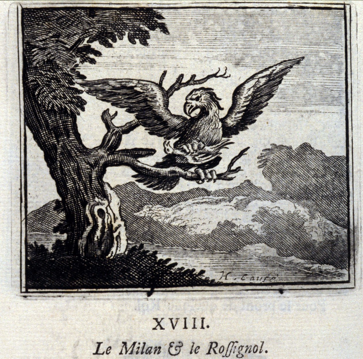 Milan en de Nachtegaal. Fabels van Jean de La Fontaine. Illustratie door François Chauveau. Editie van 1728. door Francois Chauveau