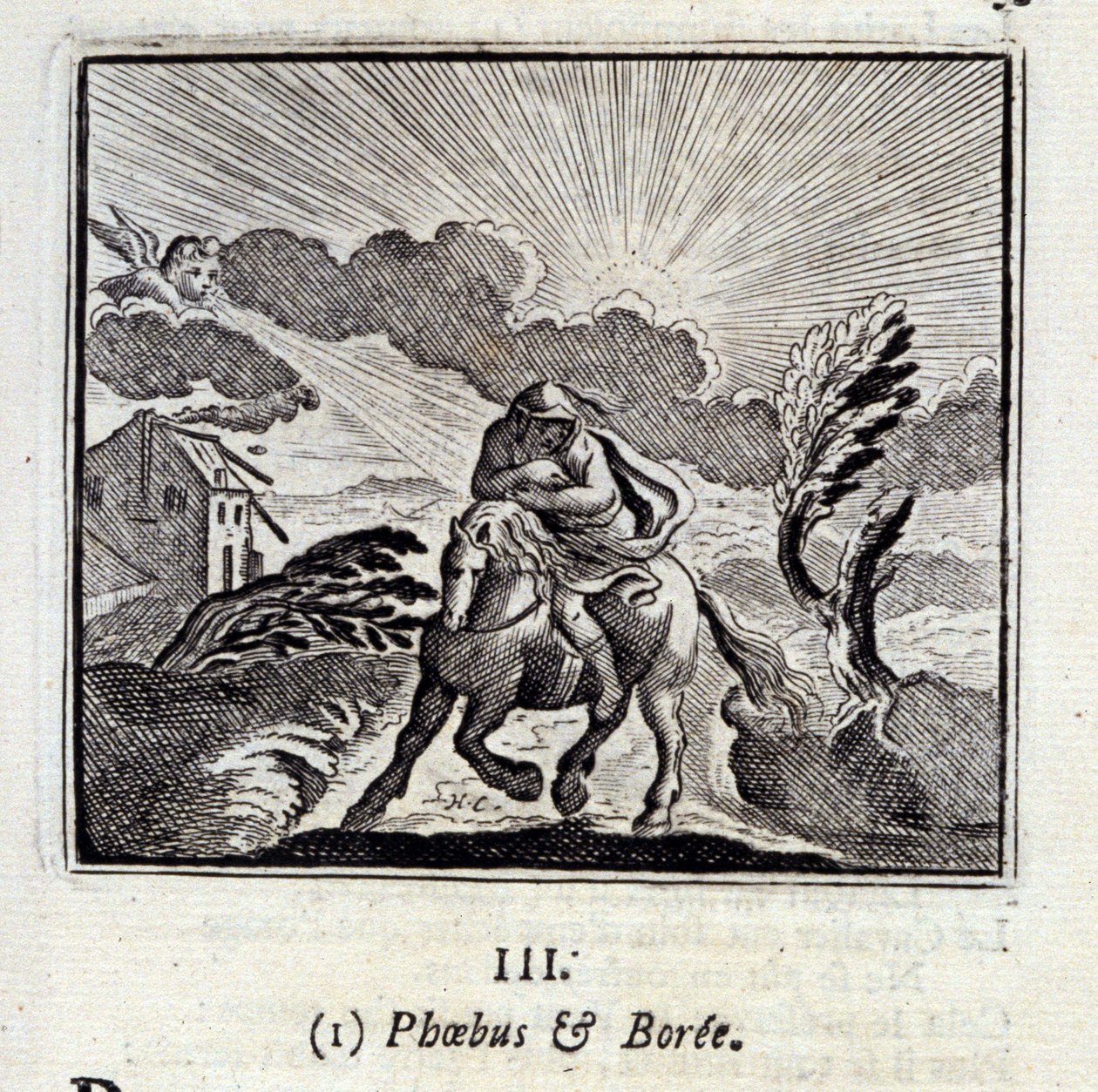 Phebus en Boree. Fabels door Jean de La Fontaine (1621-95). Illustratie door François Chauveau (1613-1676). Editie van 1728. door Francois Chauveau