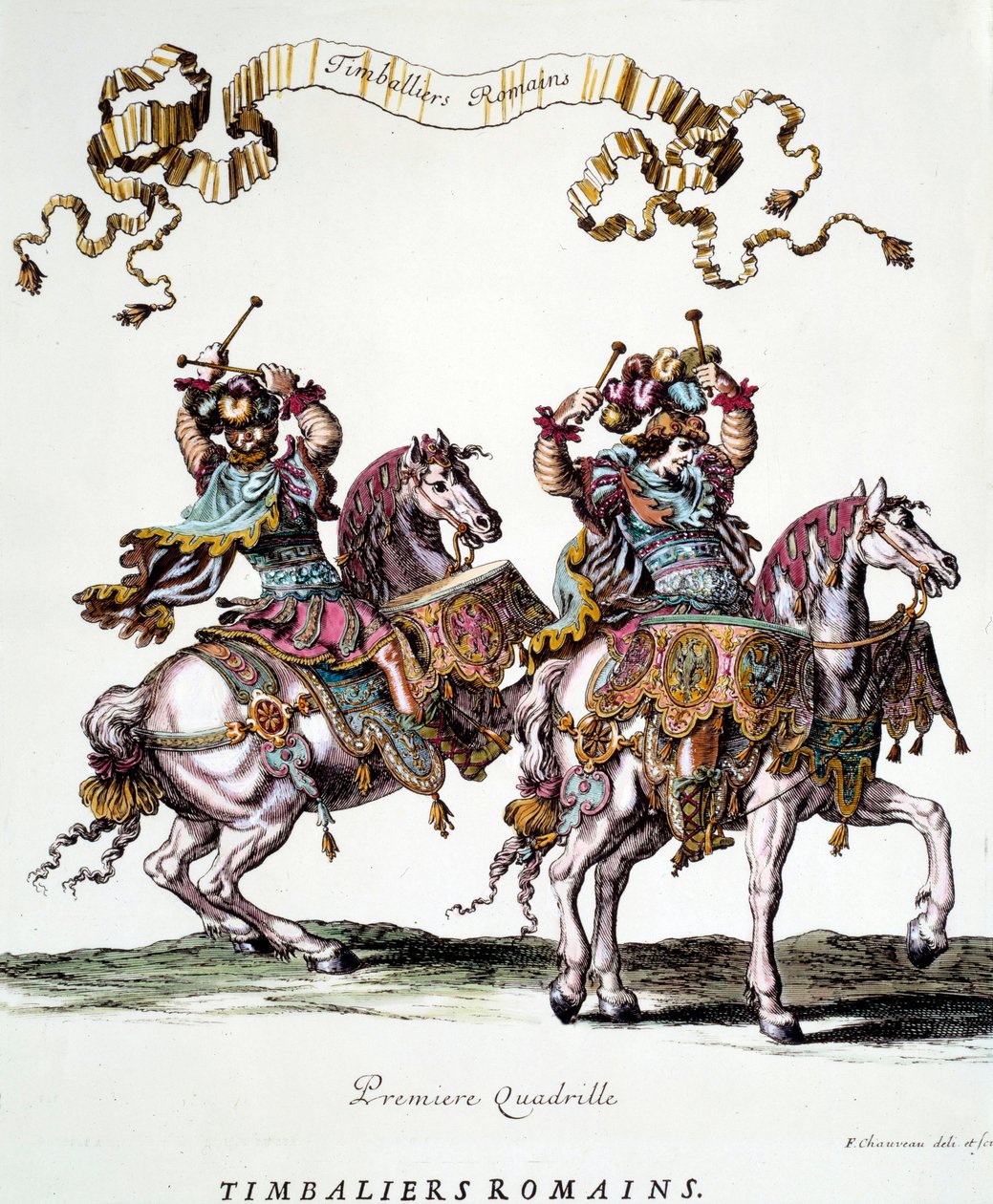 Romeinse trommelaars tijdens het carrousel gegeven door koning Lodewijk XIV (1638-1715) in 1662 Gravure door Francois Chauveau (1613-1676) 17e eeuw Privécollectie door Francois Chauveau