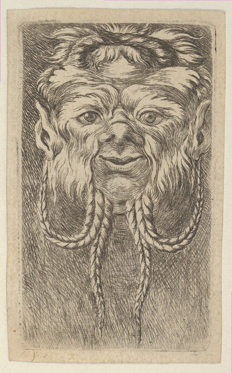 Satyrmasker met overlappende hoorns en vier gevlochten baardstrengen, uit Divers Ma door Francois Chauveau
